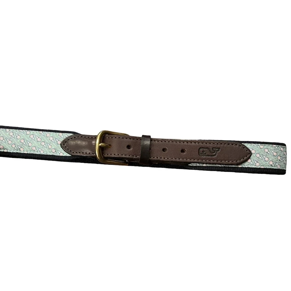 VINEYARD VINES Lacrosse Belt Sz 30 Leather & Canvas Navy Blue Green Ribbon